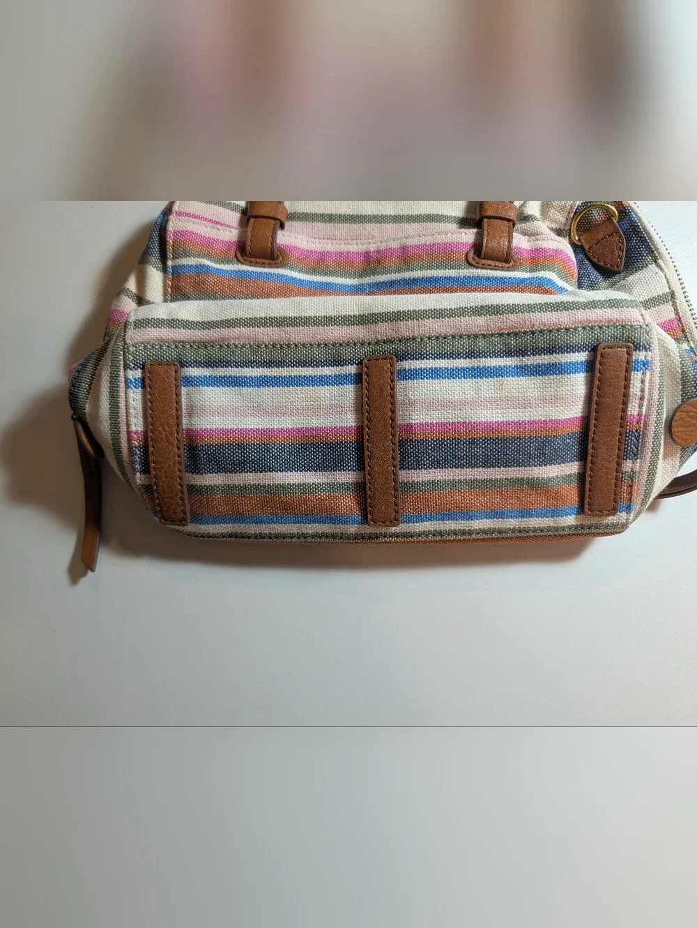 Fossil Striped Canvas Satchel with Tan Leather Accents